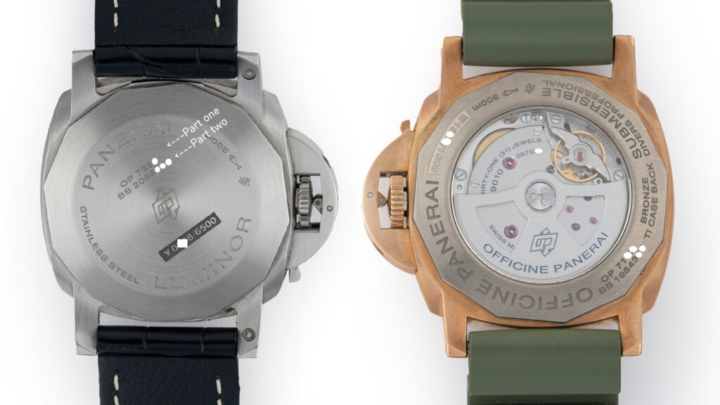 Two Real Panerai caseback showing location of the serial number