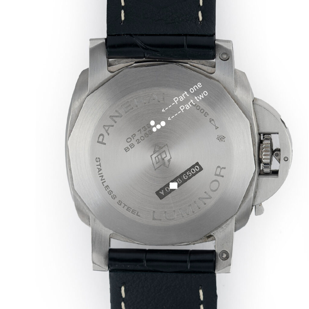 Real Panerai caseback highlighting two part serial number