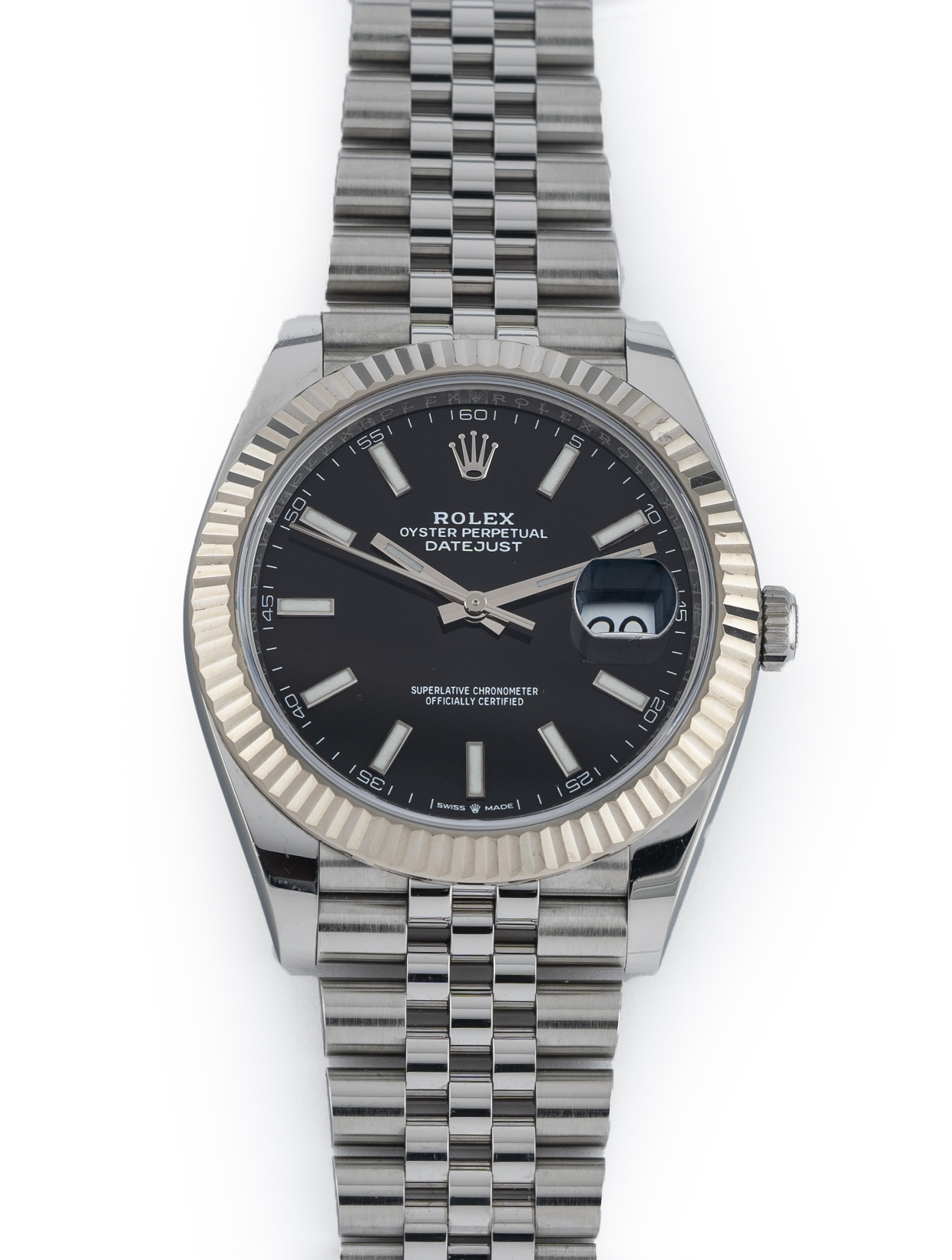 Rolex Datejust 41mm Stainless Steel 18k White Gold Fluted Bezel Black Index Dial Jubilee Bracelet 126334